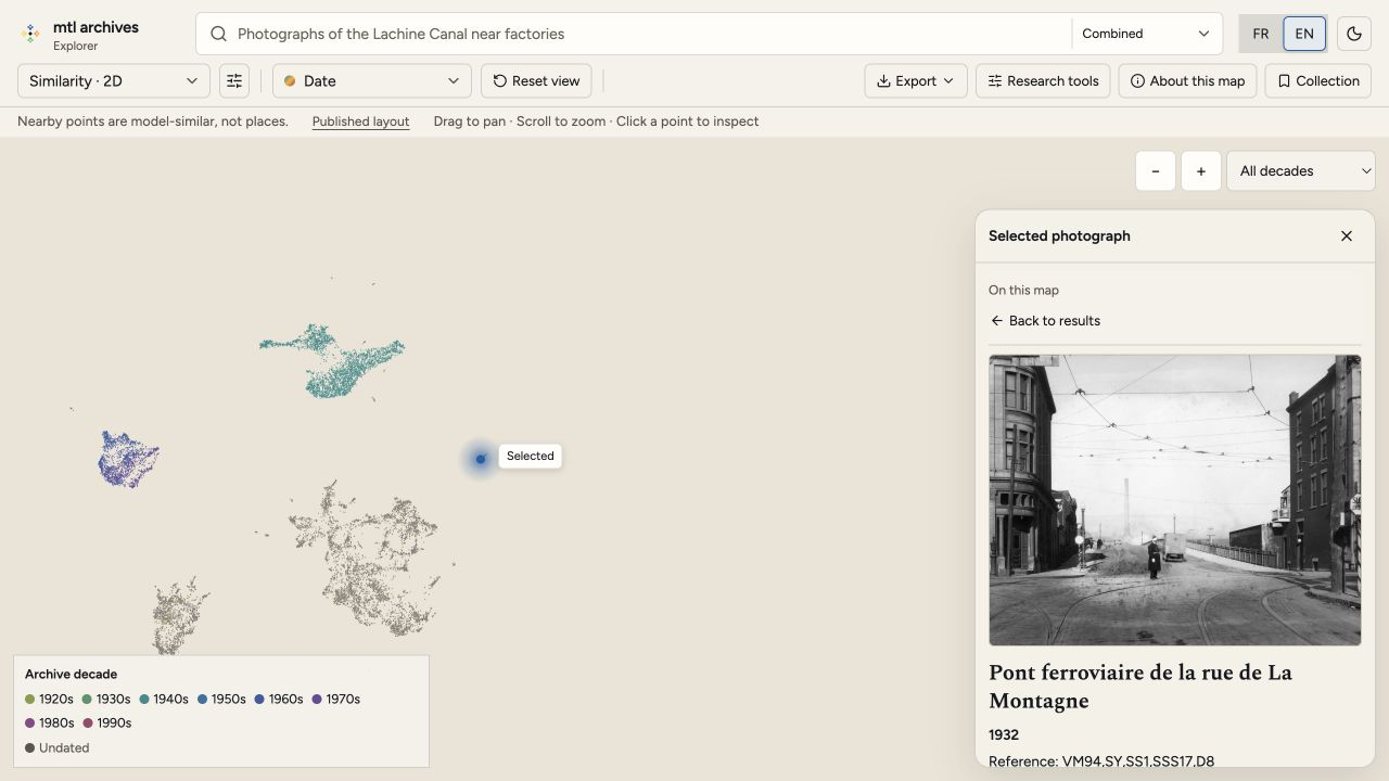 Fullscreen date-colored visual-similarity map of the MTL Archives collection with a selected historical photograph in a floating detail panel.